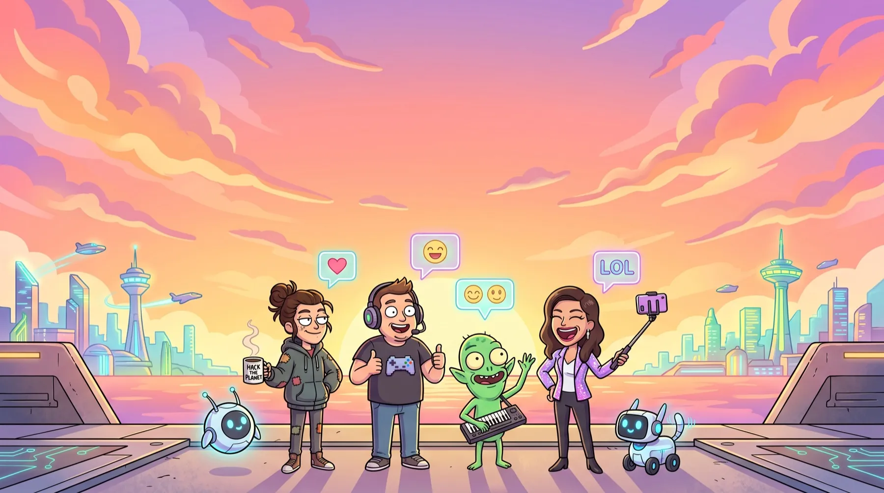 Cartoon cast — a developer, gamer, forum moderator, influencer and two scraper bots — in a neon sunset city